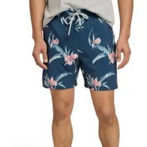 Faherty Men’s Shorelite Tropical Print Swim Trunks 7” Navy Island Orchid, XL NWT